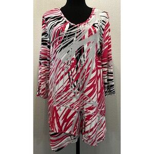 Chico's Abstract Print V-Neck Tunic Top Pink Black Lagenlook Size 2 Large
